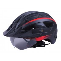Шлем защитный черный с красным с габаритным фонарем, козырьком и очками size L - TTG